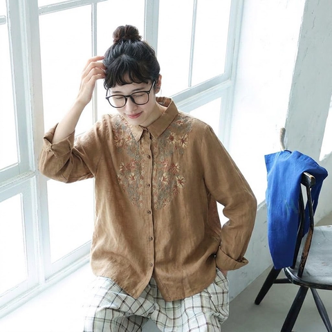 M-3XL レトロ 刺繍 ゆったり 大人向け 秋色 ロングスリーブ シャツ 3XL カーキ