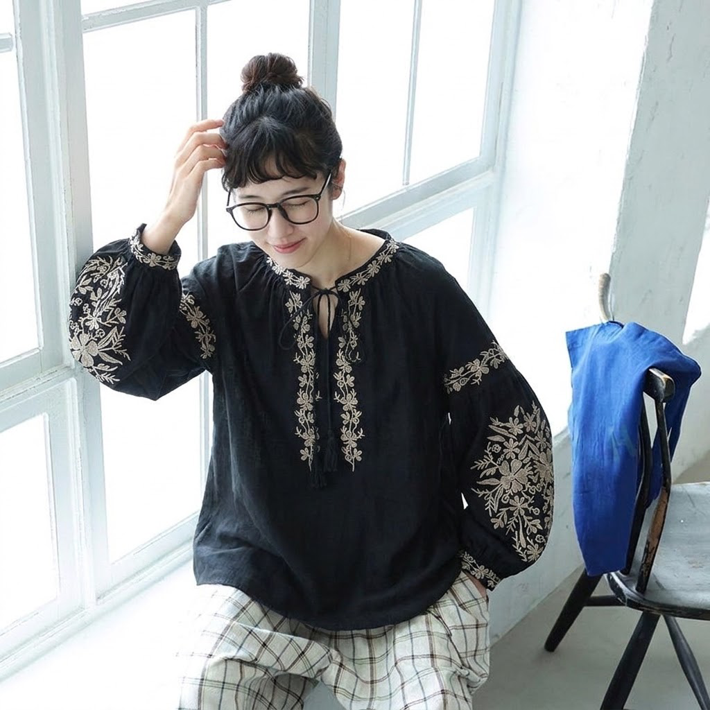 フリーサイズ レトロ 刺繍 ゆったり きれいめ リボン付き ふんわり袖 秋向け シャツ フリー ブラック