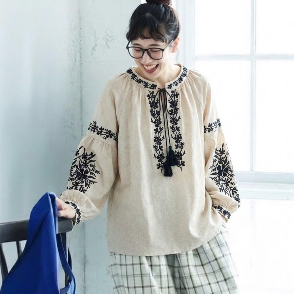 フリーサイズ レトロ 刺繍 ゆったり きれいめ リボン付き ふんわり袖 秋向け シャツ フリー ブラック