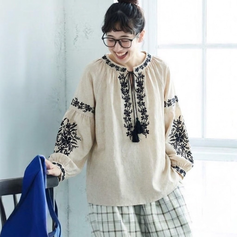 フリーサイズ レトロ 刺繍 ゆったり きれいめ リボン付き ふんわり袖 秋向け シャツ フリー ブラック