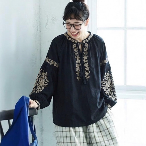 フリーサイズ レトロ 刺繍 ゆったり きれいめ リボン付き ふんわり袖 秋向け シャツ フリー ブラック