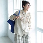 M-3XL レトロ 刺繍 ゆったり 大人向け 秋色 ロングスリーブ シャツ M カーキ