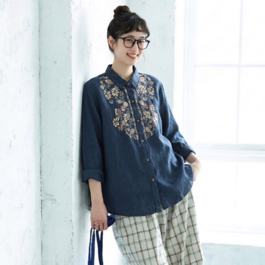 M-3XL レトロ 刺繍 ゆったり 大人向け 秋色 ロングスリーブ シャツ 3XL ネイビー