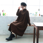 フリーサイズ ハイネック 落ち着いたカラー 長く着られる カジュアル ロングワンピース フリー コーヒー