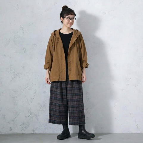 M-2XL コットン 無地 切り替え 落ち肩スリーブ 長袖 レトロ ジャケット M カーキ