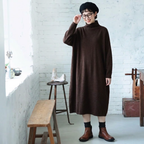 フリーサイズ ハイネック 落ち着いたカラー 長く着られる カジュアル ロングワンピース フリー コーヒー