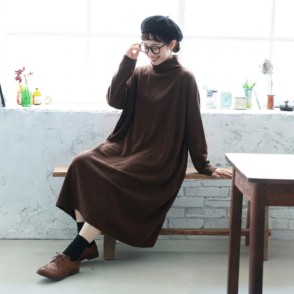 フリーサイズ ハイネック 落ち着いたカラー 長く着られる カジュアル ロングワンピース フリー コーヒー
