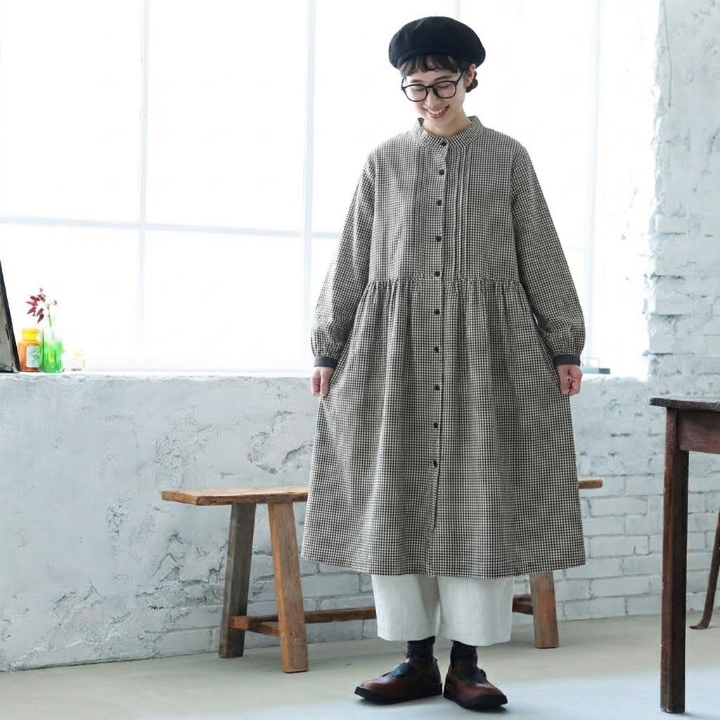 M-2XL チェック柄 大人のナチュラル 着回し 軽やか ロングワンピース 2XL グレー
