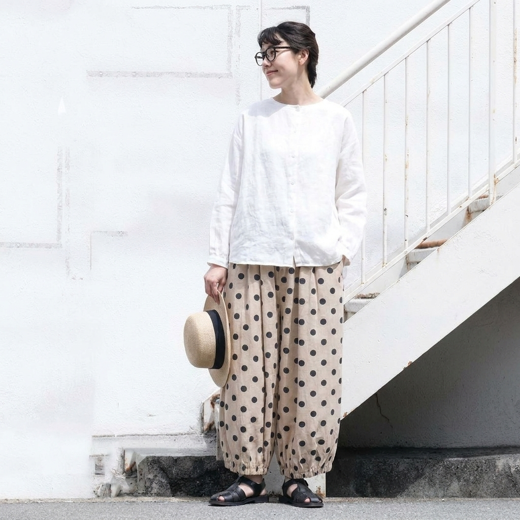 大人女子のドット柄バルーンパンツ♪ ゆったり綿素材    ナチュラル可愛い M 写真通り