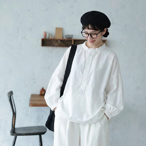 M-2XL 長袖 ゆったり ハーフボタンブラウス M ダークグレー