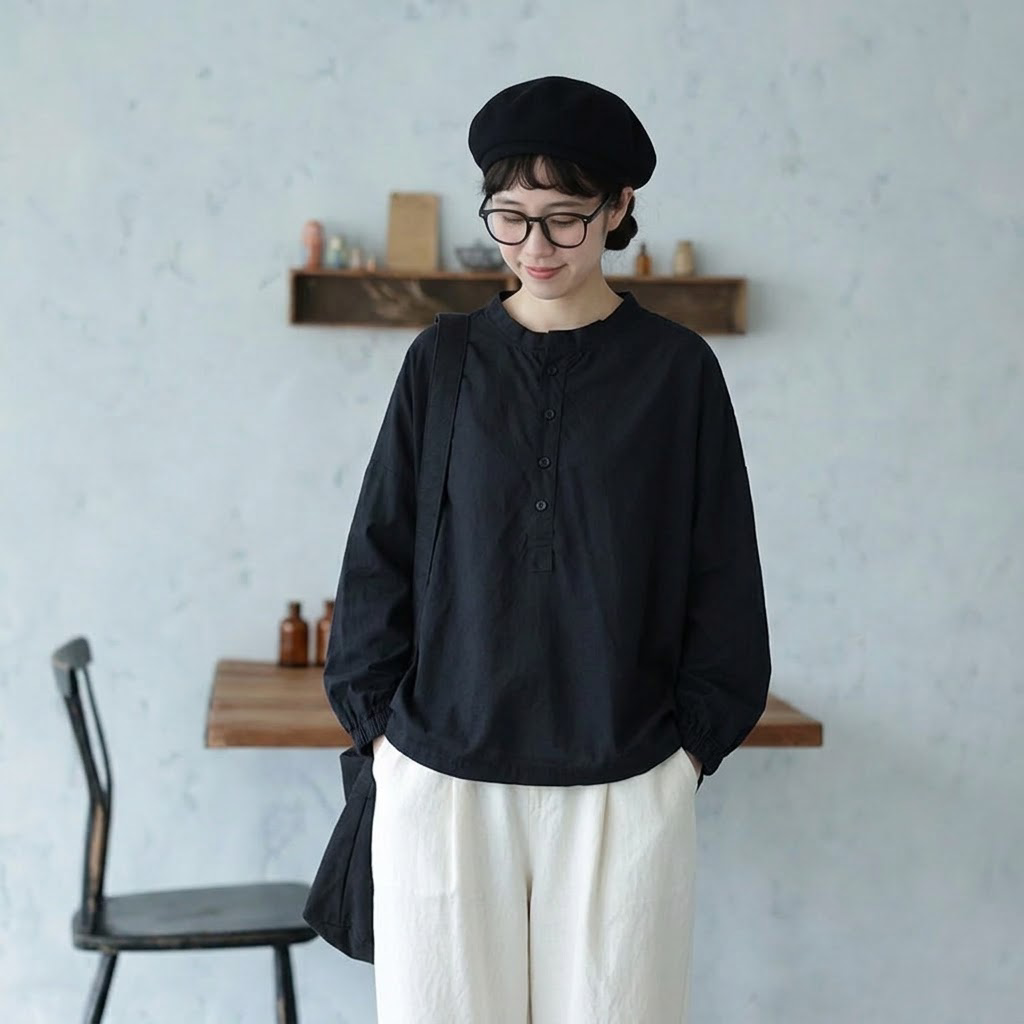M-2XL 長袖 ゆったり ハーフボタンブラウス 2XL ブラック