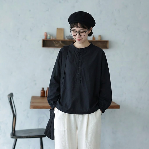 M-2XL 長袖 ゆったり ハーフボタンブラウス 2XL ブラック