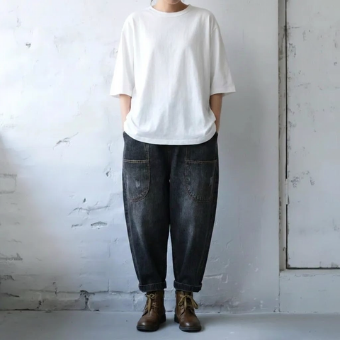 M-3XL 着回し ゆったり きれいめ デニムパンツ 3XL ブラック/裏起毛