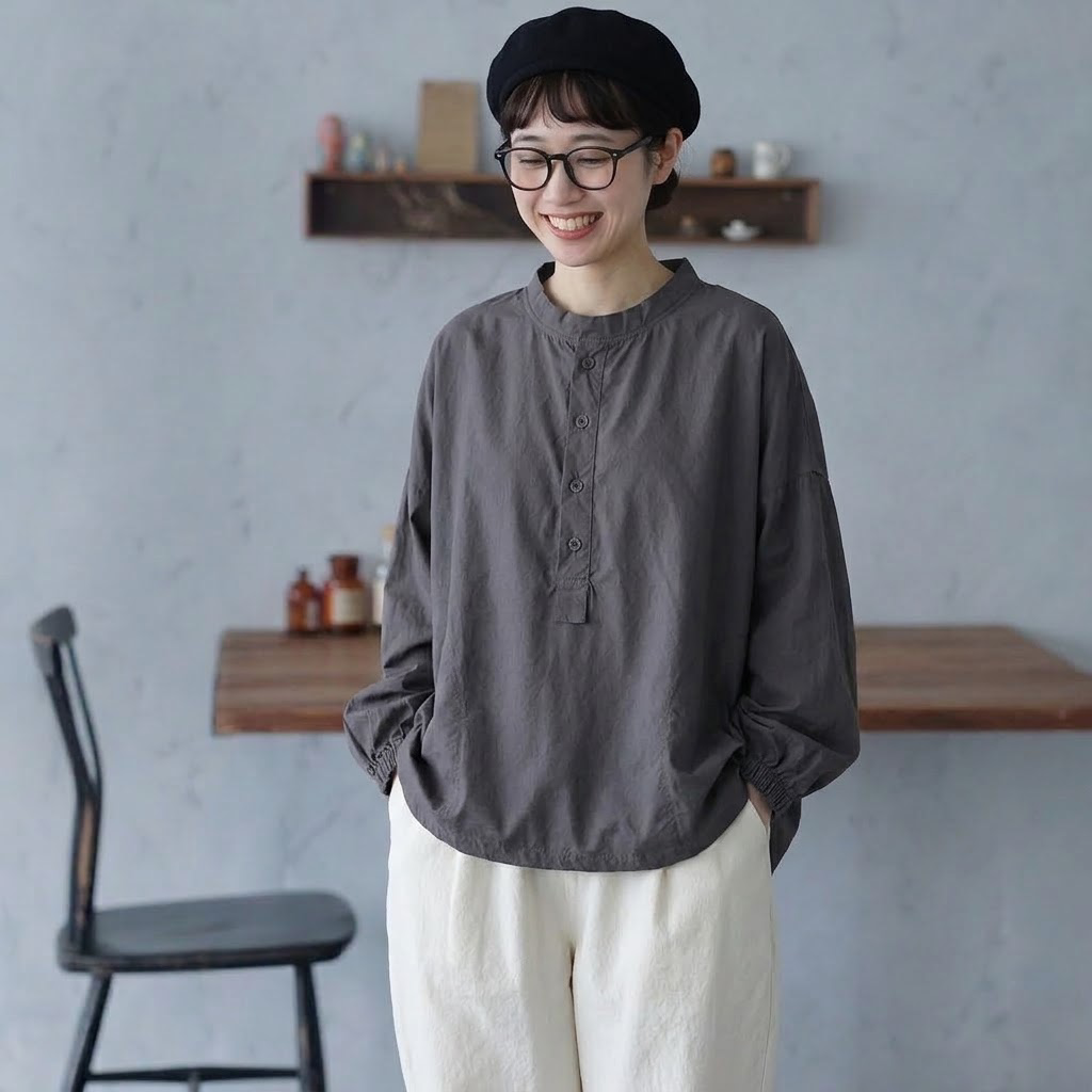 M-2XL 長袖 ゆったり ハーフボタンブラウス M ダークグレー
