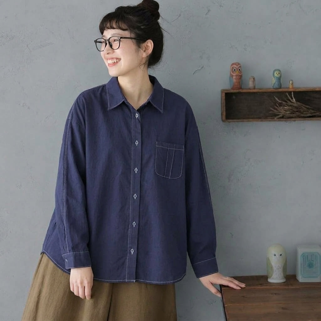 M-2XL 折り襟 ポケット付き オーバーシルエット 長袖シャツ 2XL ネイビー