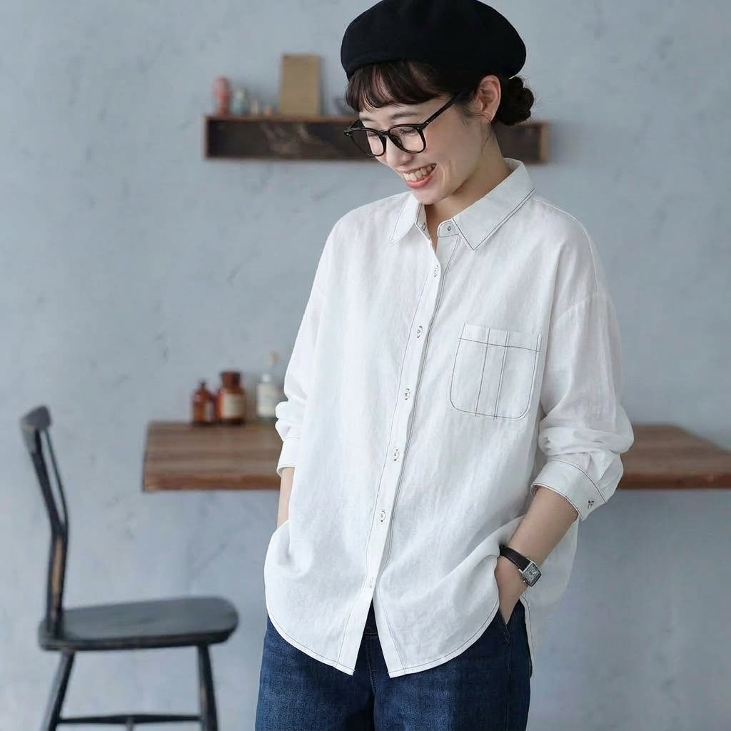 M-2XL 折り襟 ポケット付き オーバーシルエット 長袖シャツ M ホワイト