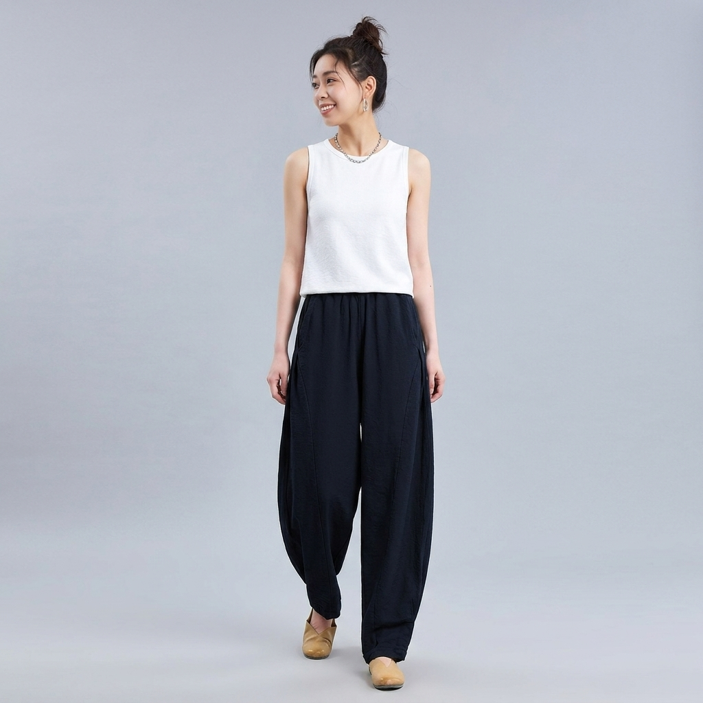 M-4XL 綿麻 ポケット付き アンクル丈（9分丈） カジュアルパンツ M ホワイト