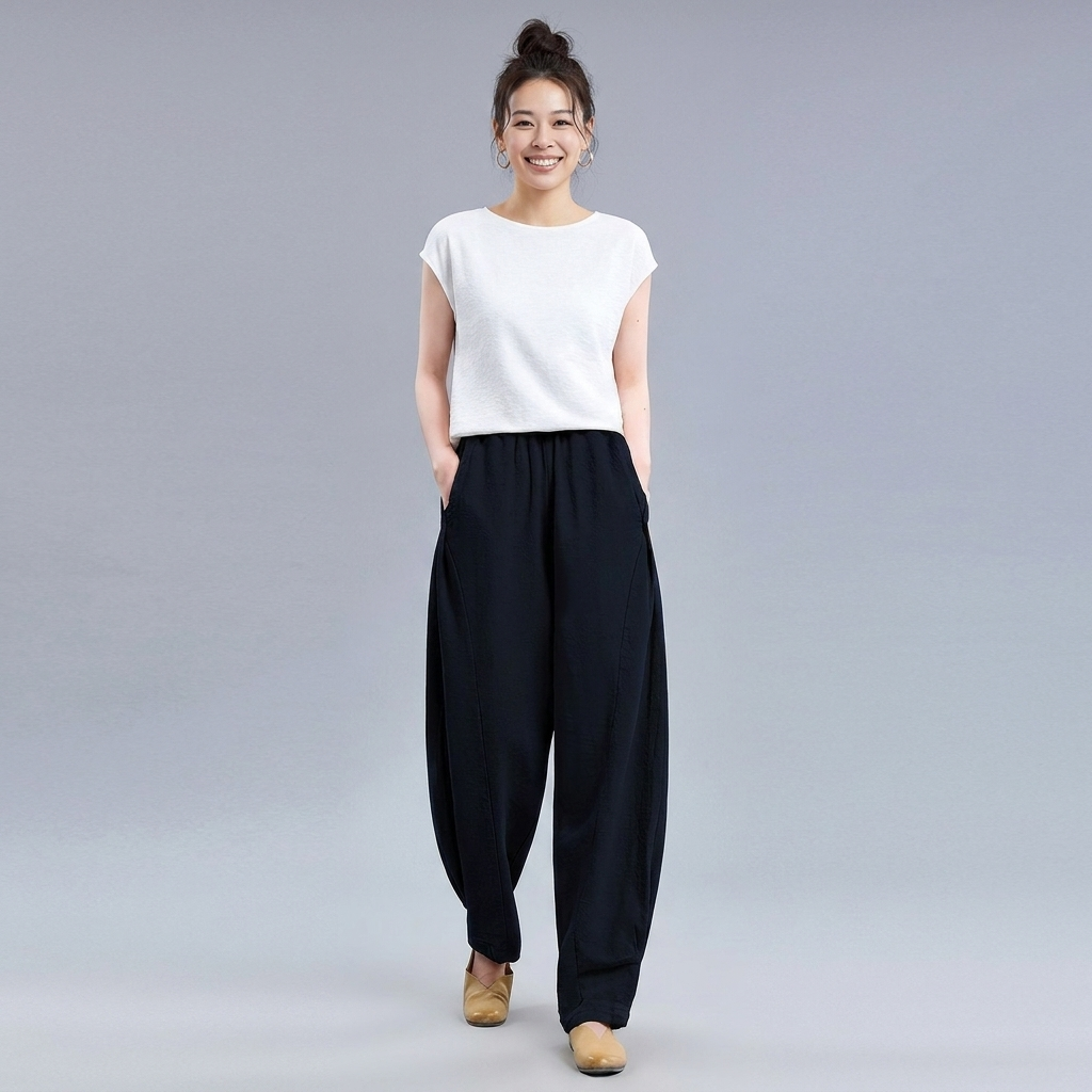 M-4XL 綿麻 ポケット付き アンクル丈（9分丈） カジュアルパンツ 4XL ブラック
