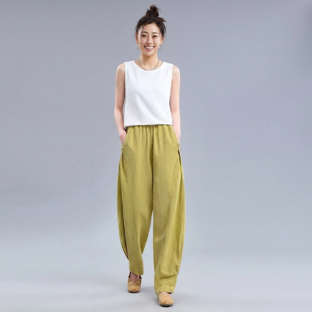 M-4XL 綿麻 ポケット付き アンクル丈（9分丈） カジュアルパンツ 4XL イエロー