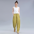 M-4XL 綿麻 ポケット付き アンクル丈（9分丈） カジュアルパンツ 4XL イエロー