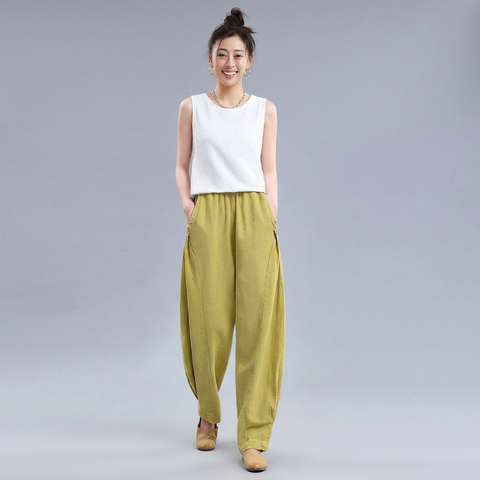 M-4XL 綿麻 ポケット付き アンクル丈（9分丈） カジュアルパンツ 4XL イエロー