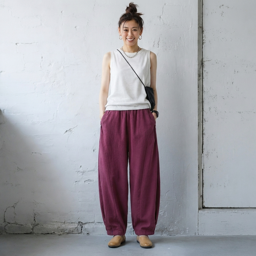 M-4XL 綿麻 ポケット付き アンクル丈（9分丈） カジュアルパンツ 4XL ワインレッド