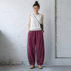 M-4XL 綿麻 ポケット付き アンクル丈（9分丈） カジュアルパンツ 4XL ワインレッド