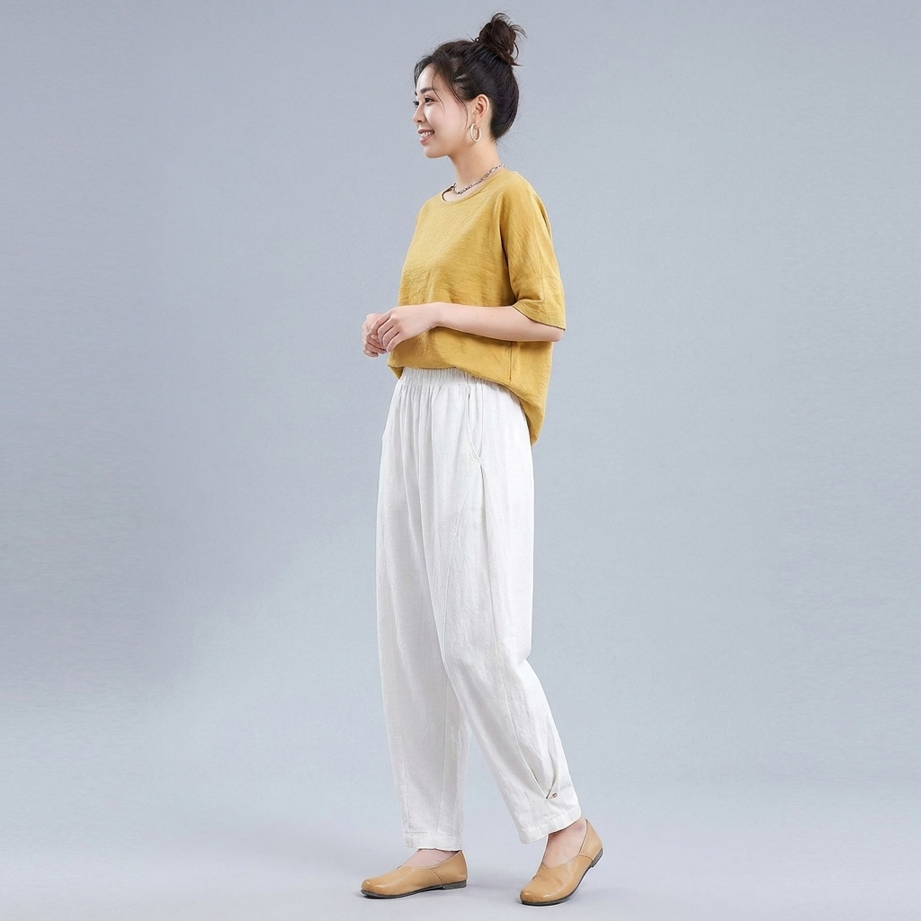 M-4XL 綿麻 ポケット付き アンクル丈（9分丈） カジュアルパンツ M ホワイト