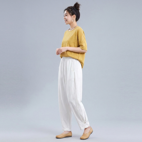 M-4XL 綿麻 ポケット付き アンクル丈（9分丈） カジュアルパンツ M ホワイト