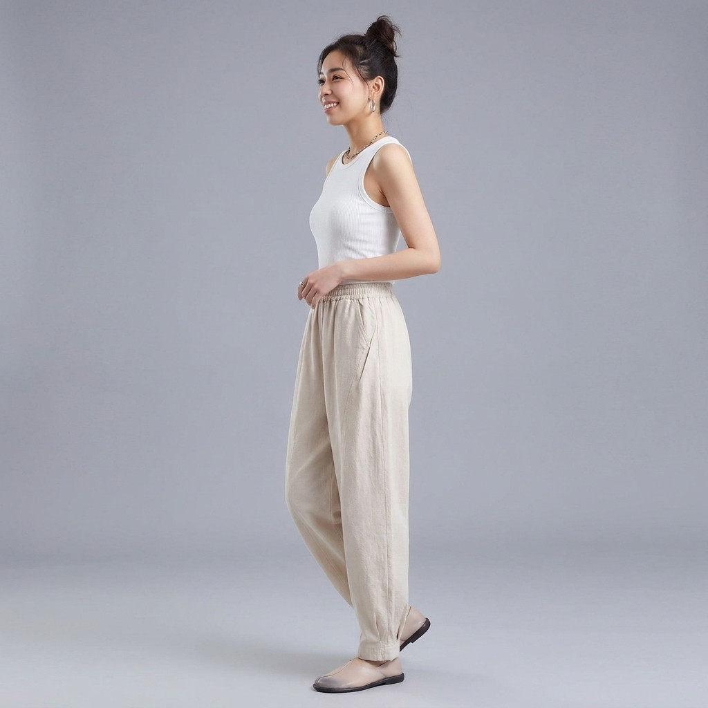M-4XL 綿麻 ポケット付き アンクル丈（9分丈） カジュアルパンツ M ホワイト