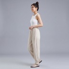 M-4XL 綿麻 ポケット付き アンクル丈（9分丈） カジュアルパンツ M ホワイト
