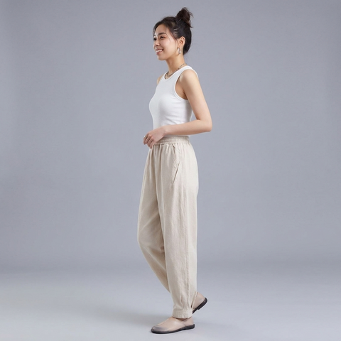M-4XL 綿麻 ポケット付き アンクル丈（9分丈） カジュアルパンツ M ホワイト