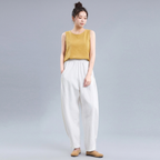 M-4XL 綿麻 ポケット付き アンクル丈（9分丈） カジュアルパンツ 4XL ホワイト