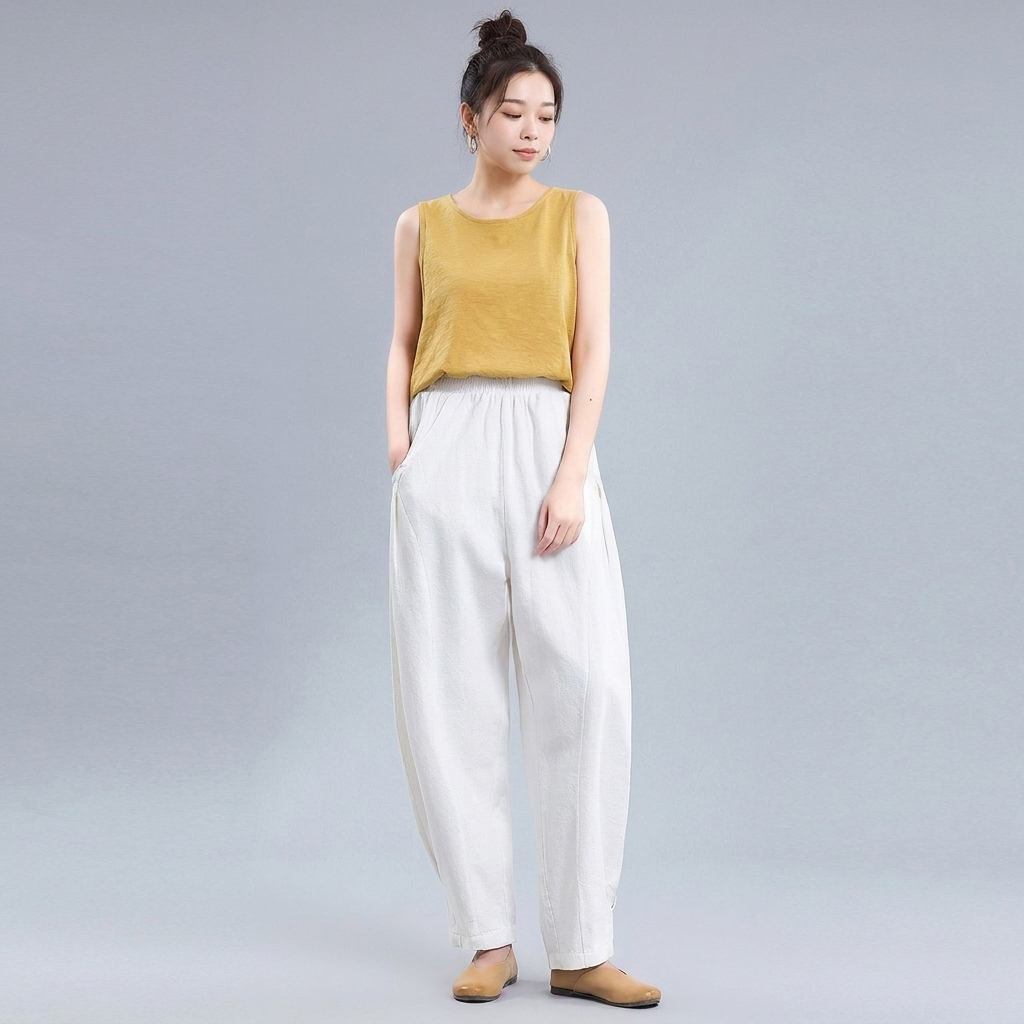 M-4XL 綿麻 ポケット付き アンクル丈（9分丈） カジュアルパンツ 4XL ホワイト