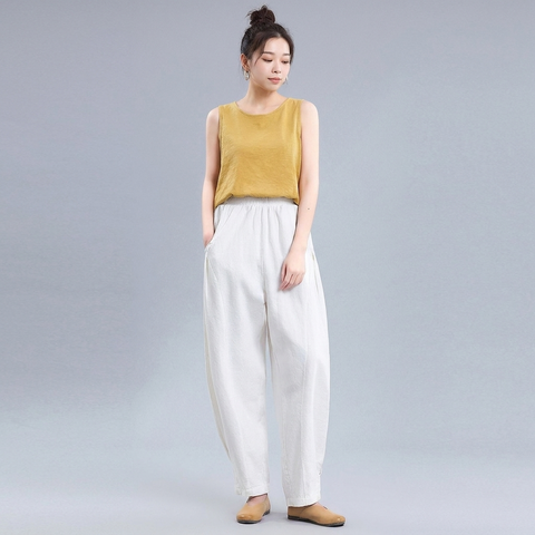 M-4XL 綿麻 ポケット付き アンクル丈（9分丈） カジュアルパンツ 4XL ホワイト