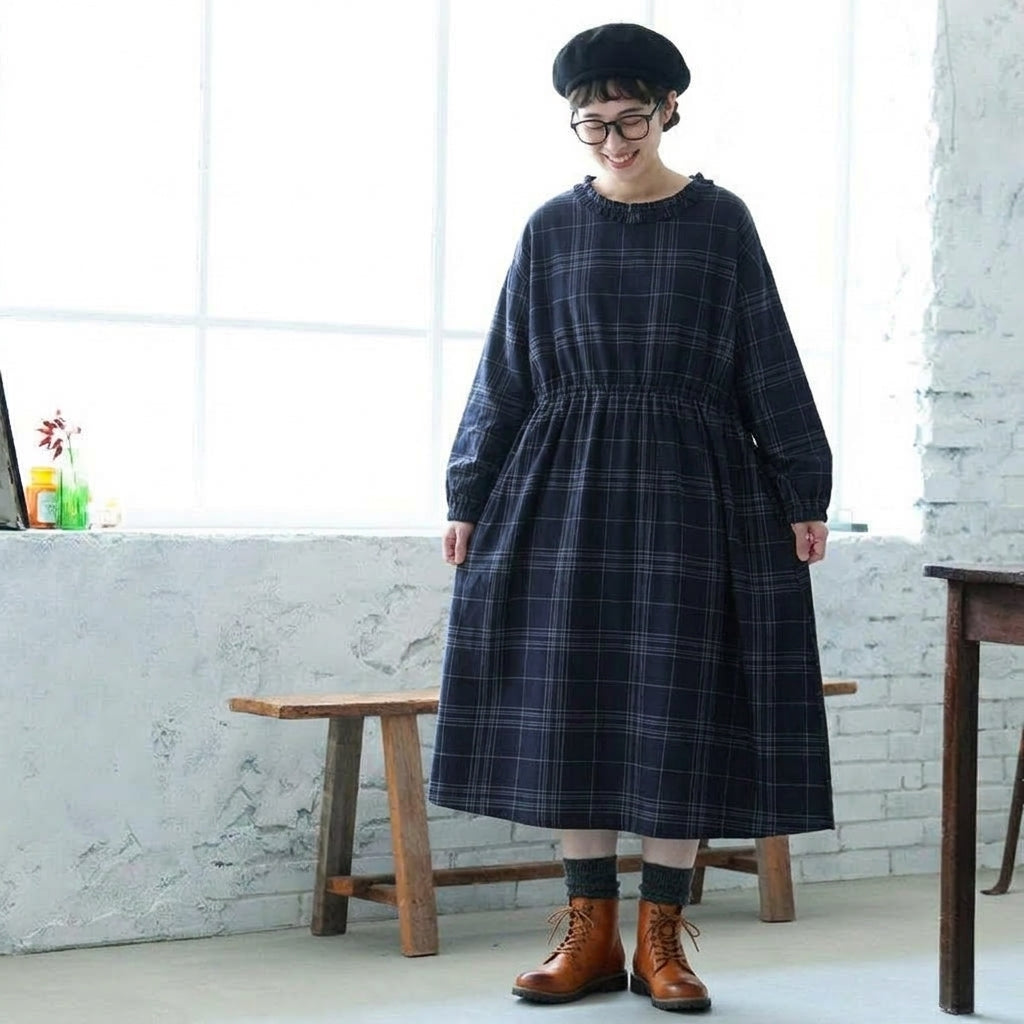M-2XL チェック柄 レースディテール 季節の変わり目 ロング丈 ワンピース 2XL ネイビーチェック