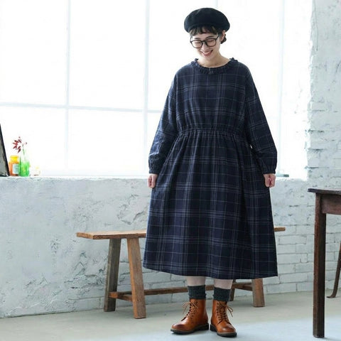 M-2XL チェック柄 レースディテール 季節の変わり目 ロング丈 ワンピース 2XL ネイビーチェック