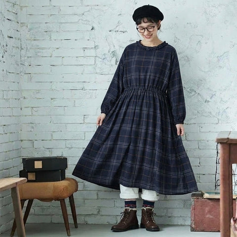 M-2XL チェック柄 レースディテール 季節の変わり目 ロング丈 ワンピース M ネイビーチェック