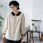 M-2XL コットン 刺繍 ノーマルスリーブ 長袖 無地 森ガール シャツ 2XL ベージュ