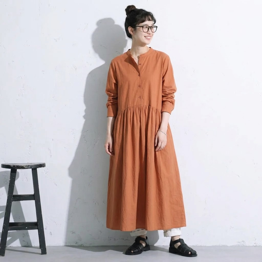 【コットン】M-2XL 上品見え 大人っぽい ナチュラル ポケット付き 長袖 ワンピース 2XL オレンジ