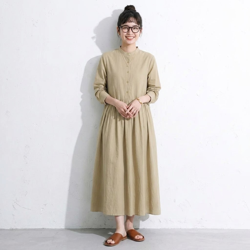 【コットン】M-2XL 上品見え 大人っぽい ナチュラル ポケット付き 長袖 ワンピース M オレンジ