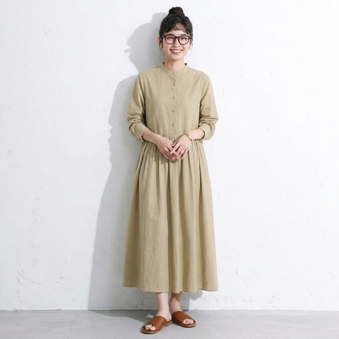 【コットン】M-2XL 上品見え 大人っぽい ナチュラル ポケット付き 長袖 ワンピース M オレンジ