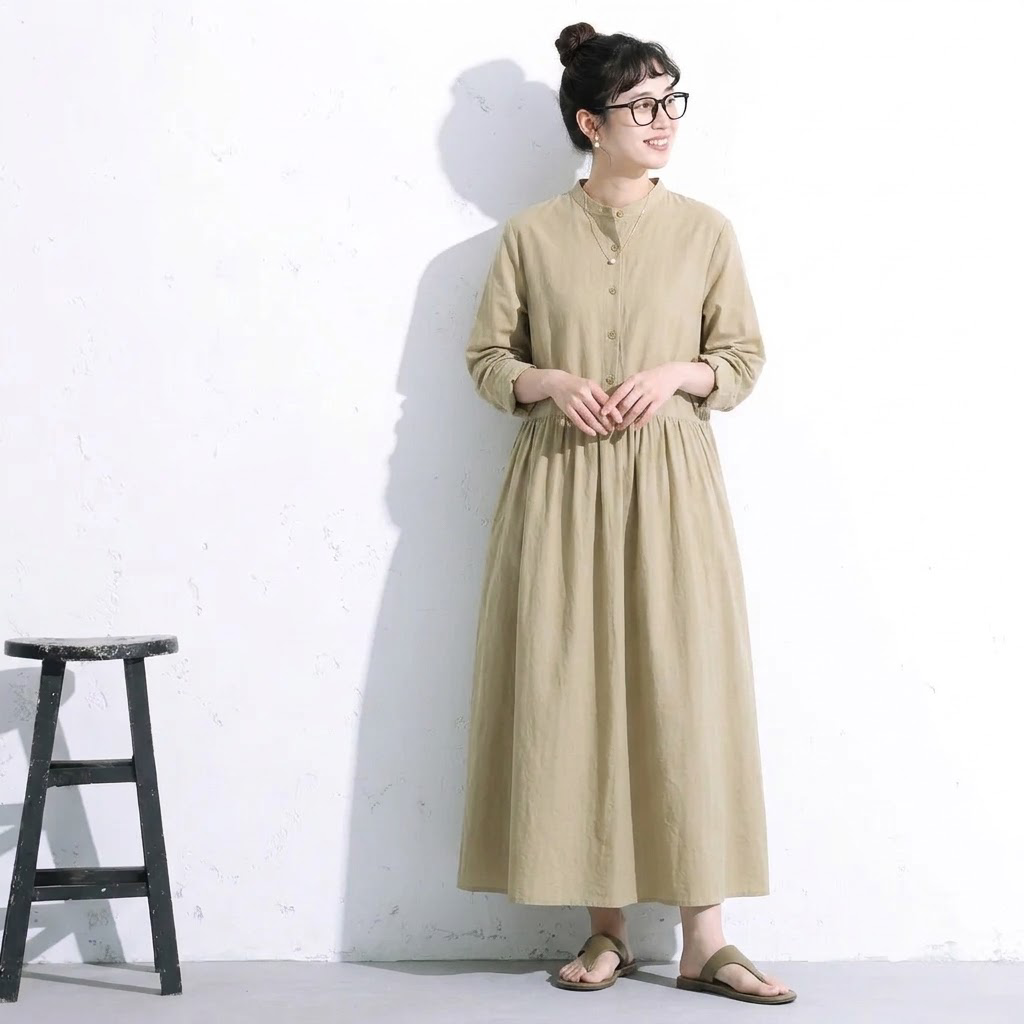【コットン】M-2XL 上品見え 大人っぽい ナチュラル ポケット付き 長袖 ワンピース M オレンジ