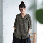 S-3XL 綿麻 Vネック 長袖 プリント 動物柄 カジュアル シャツ 3XL グレー