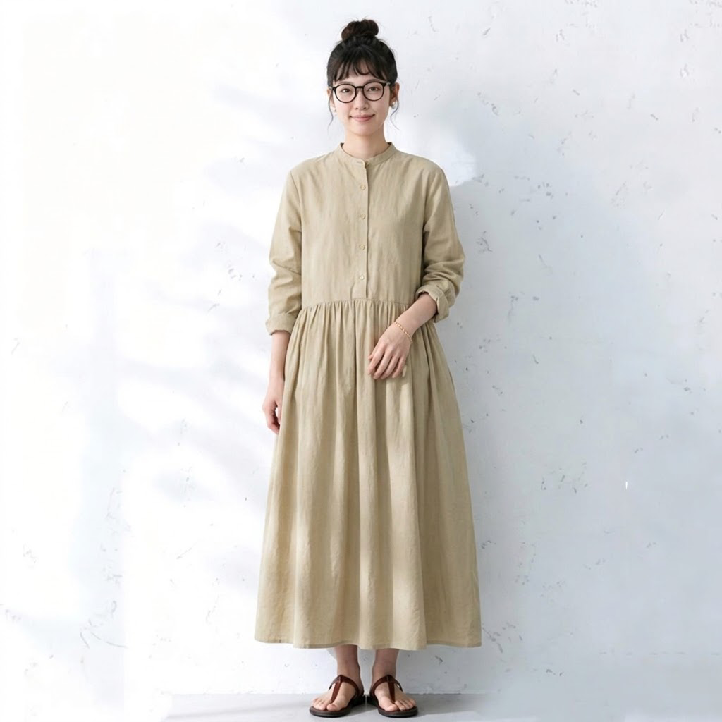 【コットン】M-2XL 上品見え 大人っぽい ナチュラル ポケット付き 長袖 ワンピース 2XL グリーン