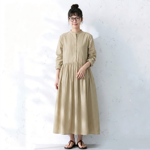 【コットン】M-2XL 上品見え 大人っぽい ナチュラル ポケット付き 長袖 ワンピース 2XL グリーン