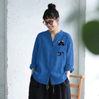 S-3XL 綿麻 Vネック 長袖 プリント 動物柄 カジュアル シャツ 3XL ブルー