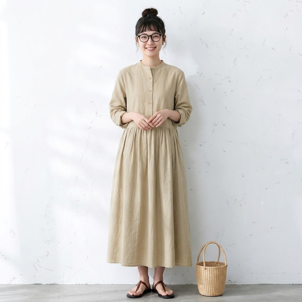 【コットン】M-2XL 上品見え 大人っぽい ナチュラル ポケット付き 長袖 ワンピース M オレンジ
