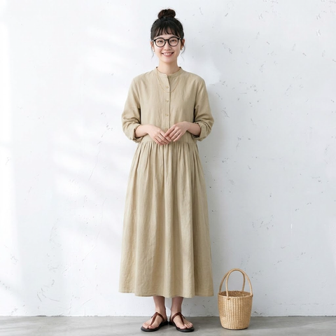 【コットン】M-2XL 上品見え 大人っぽい ナチュラル ポケット付き 長袖 ワンピース M オレンジ