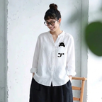 S-3XL 綿麻 Vネック 長袖 プリント 動物柄 カジュアル シャツ 3XL ホワイト